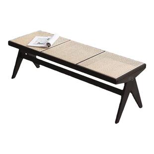 藤编实木长凳简约黑色餐椅床尾凳家用中古换鞋长条凳子昌迪加尔椅