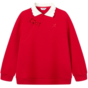 【商场同款】特步童装女童红色卫衣2026中大童国风蝴蝶扣新年上衣