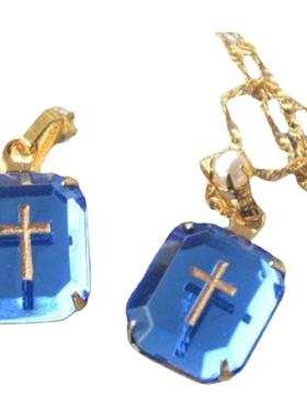 琉璃仿宝石十字架蓝色复古项链