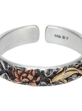 金鱼戏莲足银999纯手工手镯浮雕纯银女士开口个性民族风手环镯子