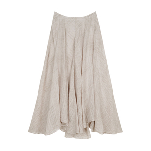 MRS Studios 亚麻棉舒适不规则裁剪拼接 浪漫随性飘逸格子半身裙