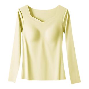 Goobras茶茶肌底衣女带杯免穿文胸无痕V领保暖长袖