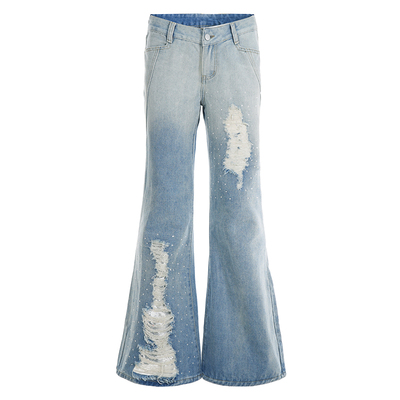 WEEKEEP 街头小众浅蓝色破洞水洗微喇牛仔裤女百搭修身显瘦长裤