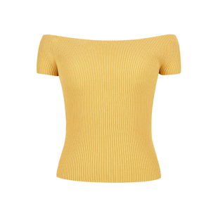 MosesQueen魔西女王黄色针织一字肩短袖t恤女夏纯欲辣妹露肩上衣