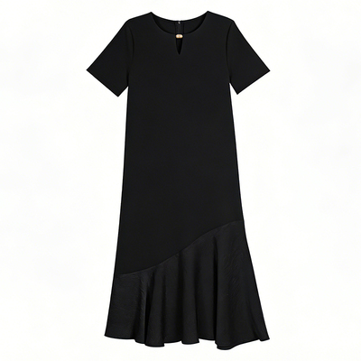 柒院大码拼接鱼尾短袖中长连衣裙