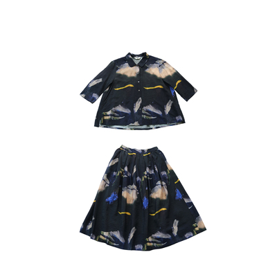 远家印花套装衬衫半松紧腰A字裙