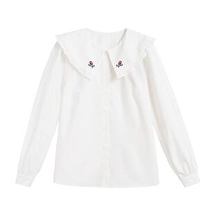 紫涵刺绣娃娃领白色衬衫女秋季新款休闲甜美宽松显瘦长袖纯棉上衣