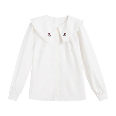 紫涵刺绣娃娃领白色衬衫女秋季新款休闲甜美宽松显瘦长袖纯棉上衣