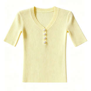 夏装女款2026年新款冰丝针织短袖t恤黄色V领修身短款漂亮小衫上衣