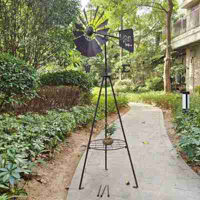 铁艺花园户外装饰摆件置物架多功能落地艺风车盆栽植铁两用绿旋转