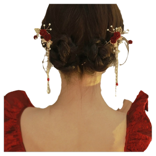 红色玫瑰花流苏U型发簪高级感中国风簪子女古风新年发饰发钗发插