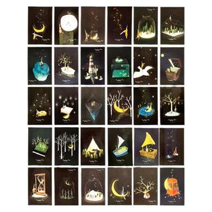 30张夜光明信片梵高星空高级感怀旧风加厚空白卡纸硬纸治愈风景插画装饰墙贴留言手绘写卡片发莹光学生送朋友