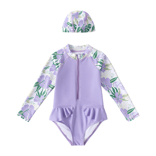 junejunior儿童连体A类防晒速干泳衣夏季女童长袖泳装泳帽套装