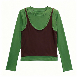 撞色叠穿显瘦真两件套T恤女秋冬新款搭韩系chic别致时尚百搭上衣