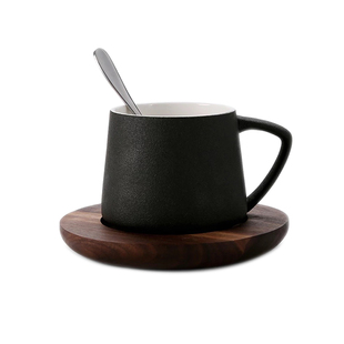 磨砂咖啡杯带碟带勺水杯简约陶瓷杯马克杯胡桃木托盘粗陶杯子定制