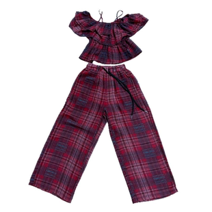 女童吊带露肩上衣长裤两件套2025夏季女孩复古红色格子时尚套装潮