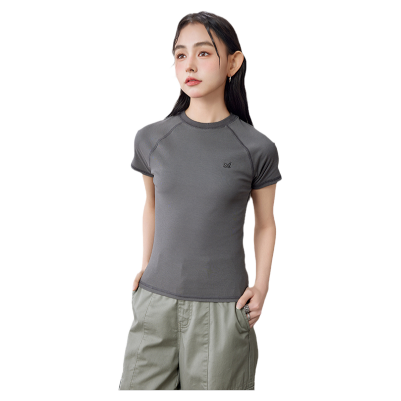 a21女装夏季美式复古休闲短袖t恤插肩圆领针织紧身显瘦基础款上衣