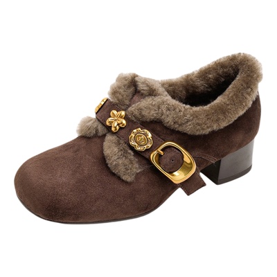 羊羔毛加厚保暖中跟小皮鞋