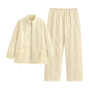 悦内睡衣女秋冬季冬天款三层夹棉袄珊瑚绒加厚加绒特厚保暖家居服