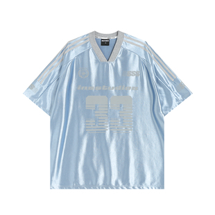 INSstudios 国潮牌情侣美式印花LOGO球衣V领冰球服运动短袖t恤男
