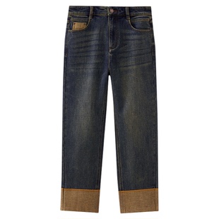 水云间复古做旧美式街头风牛仔裤女薄绒九分裤子翻边祖母衣橱2025