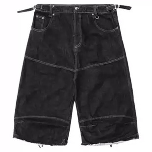 badblood美式复古做旧水洗男女宽松过膝七分裤辣妹脏染休闲牛仔裤