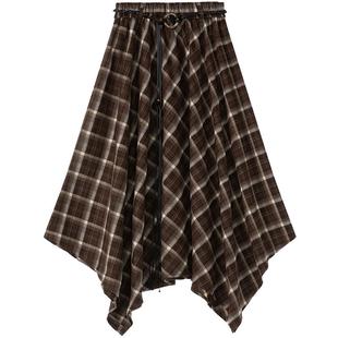 LAGOGO艺术系女孩不规则格纹半身裙女拉谷谷2025冬季新款咖色裙子