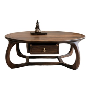 北美黑胡桃木新中式实木圆形茶几轻奢别墅大小户型客厅茶桌定制