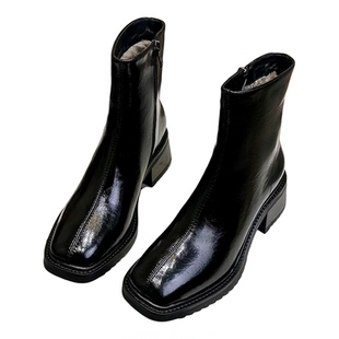 品牌真皮方头短靴女25新款冬季加绒保暖防滑雪地靴黑色平底马丁靴