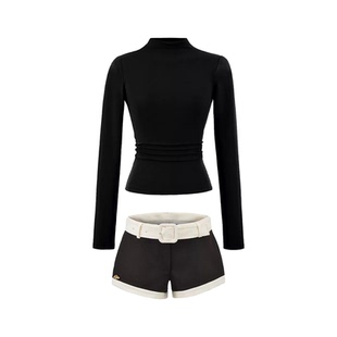 le palais vintage中古小香风 黑色紧身打底衫花尼低腰短裤