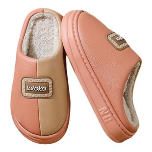 路路佳防水棉拖鞋女款冬2026新款防滑厚底PU皮面家居外穿棉拖鞋男