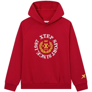 特步童装2026中大童拜年服连帽美式红色加绒卫衣儿童运动印花上衣