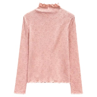 木耳边针织提花蕾丝半高领打底衫女秋冬新款软糯内搭薄款宽松上衣