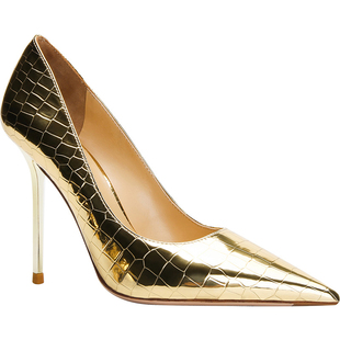 hltino2025春季新款金色尖头高跟鞋女细跟浅口漆皮法式性感单鞋子