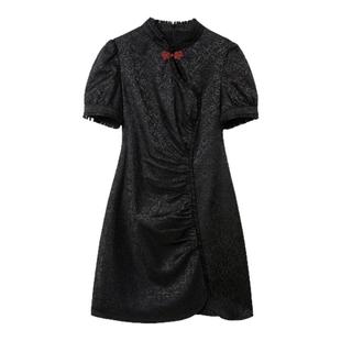 蓝语大码女装新中式国风提花改良旗袍夏季收腰显瘦黑色短款连衣裙