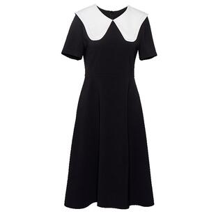 罗衣时尚减龄娃娃领黑色连衣裙女夏季职场通勤显瘦大摆裙子08497