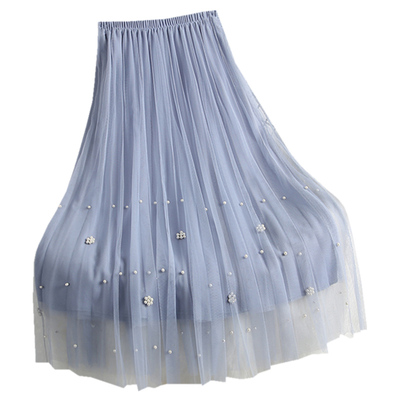 网纱半身裙a字大摆裙子钉珠百褶