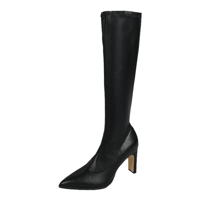 弹力瘦瘦靴尖头粗跟高筒靴长靴