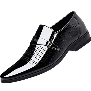 老爷车正装皮鞋男真皮透气亮面商务皮鞋增高韩版尖头新郎鞋一脚蹬