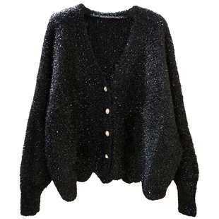 韩版V领秋冬新款单排扣闪闪针织慵懒风宽松韩版短款毛衣开衫外套