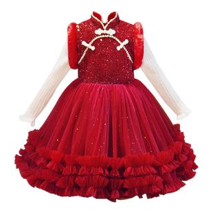 女童连衣裙2025冬装新款儿童公主裙红色过年服女孩新年服装裙子冬