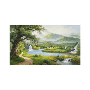 纯手绘油画福居宝地客厅装饰画现代山水风景挂画横幅走廊过道壁画