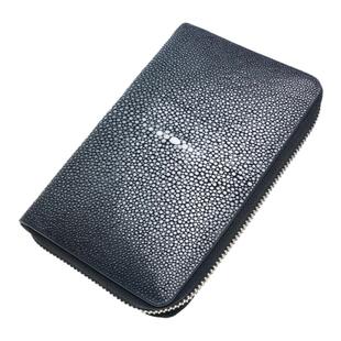 聚变手工皮具高端定制黑色珍珠鱼皮真皮证件拉链多功能护照夹手包