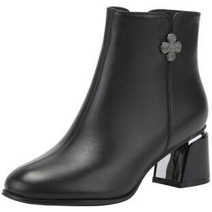 蜘蛛王加绒短靴秋冬季高跟鞋女鞋真皮时尚粗跟保暖牛皮妈妈女靴子