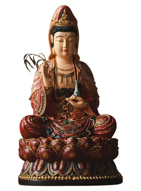 香樟木坐莲观音摆件手工