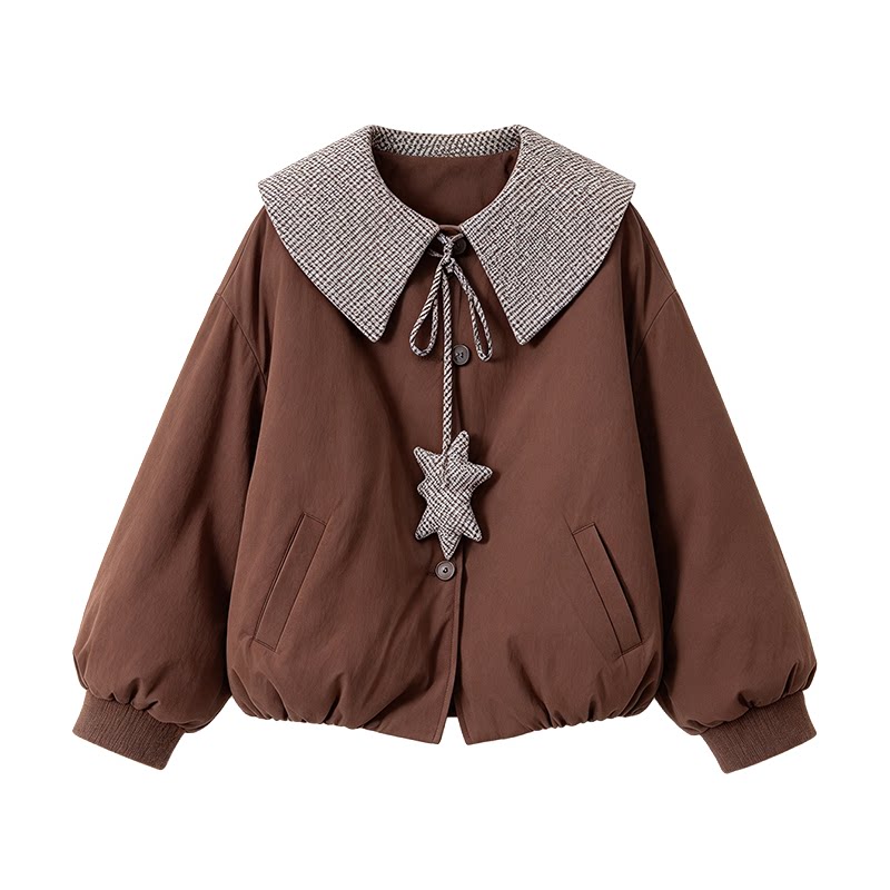 妮茨维咖色格子拼接娃娃领外套女冬季穿搭宽松加厚保暖羽绒服上衣