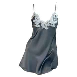 LP经典款maison灰色真丝吊带睡裙短款春夏手工蕾丝重工刺绣睡衣女