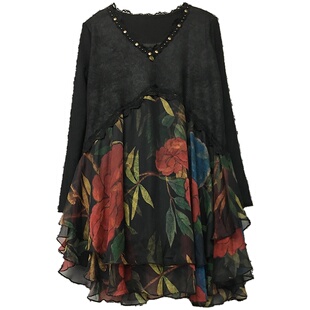 民族风加绒长袖连衣裙V领中长款秋冬雪纺拼接大摆打底裙遮肚显瘦