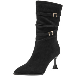 大东女鞋时装靴2025冬季新款优雅细跟中筒女靴加绒保暖通勤靴尖头