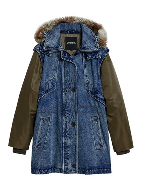 Desigual牛仔拼接可拆卸帽袖长款夹棉女士棉服外套